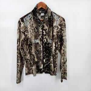 Damee, Inc. Women's Medium Sheer Zip Front Jacket Blouse Rhinestones Animal